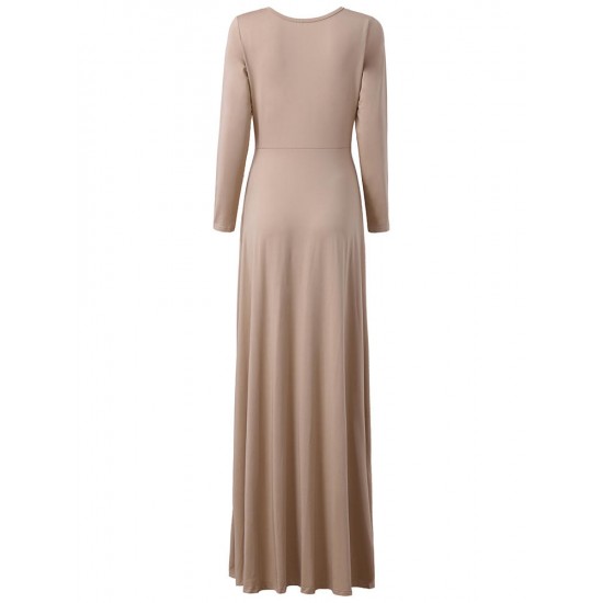 Elegant Women O-neck Long Sleeve Solid Color High Waist Maxi Dress