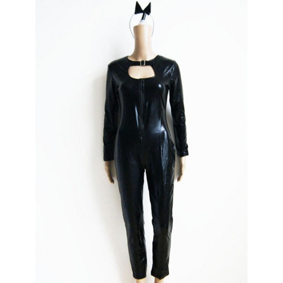 Holloween Cat Women Costume Super Hero Black Animal Leather Jumpsuit with Tail Headwear