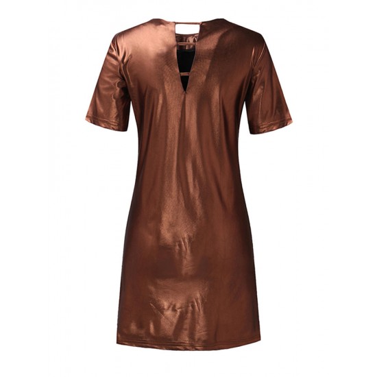 Stylish Women Short Sleeve Crew Neck Metallic T-shirt Dresses