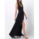 Black Sexy Backless Split Hem V-neck Maxi Dresses