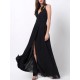 Black Sexy Backless Split Hem V-neck Maxi Dresses