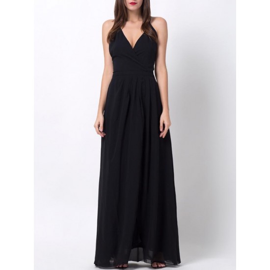 Black Sexy Backless Split Hem V-neck Maxi Dresses