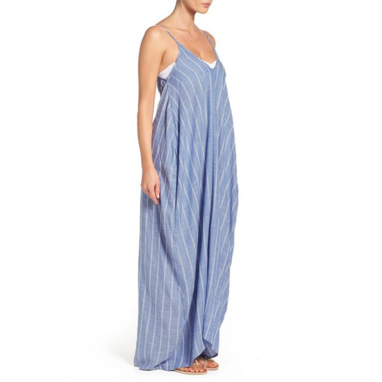 S-5XL Women Strap Sleeveless Loose Stripe Long Maxi Dress