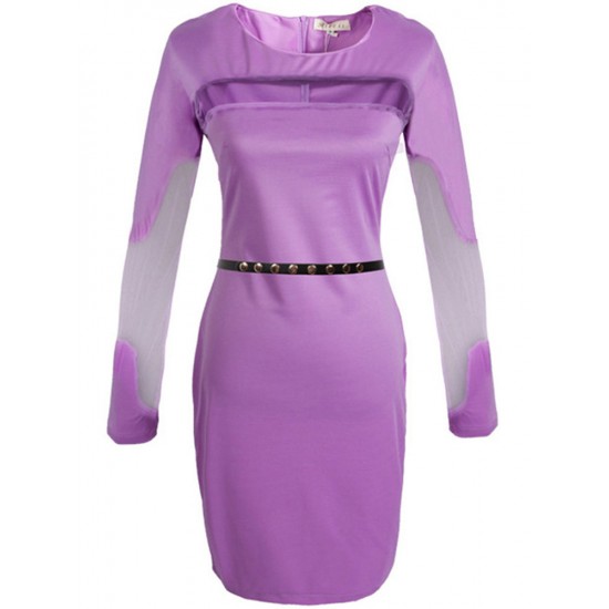 Sexy Mesh Patchwork Long Sleeve Bodycon Dress With Belt