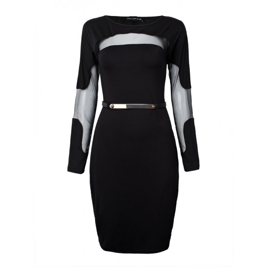 Sexy Mesh Patchwork Long Sleeve Bodycon Dress With Belt