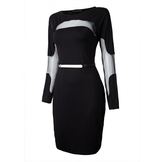 Sexy Mesh Patchwork Long Sleeve Bodycon Dress With Belt