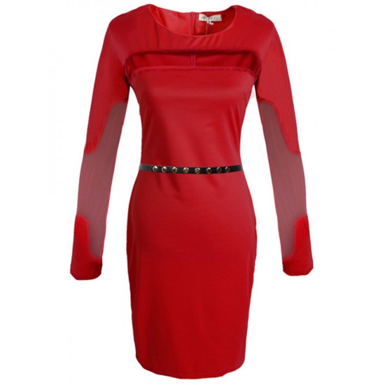 Sexy Mesh Patchwork Long Sleeve Bodycon Dress With Belt