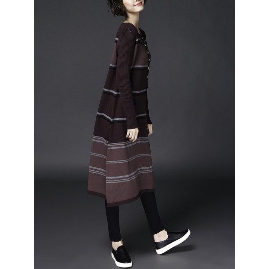 Casual Women Long Sleeve Knit Stripe Loose Sweater Dress