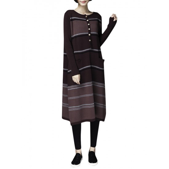 Casual Women Long Sleeve Knit Stripe Loose Sweater Dress