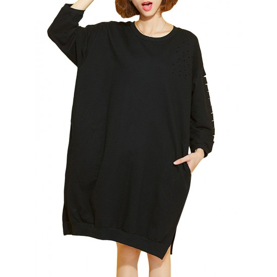 Casual Women Solid Hollow Out Long Sleeve Loose Sweatshirt Dress
