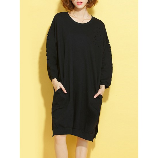 Casual Women Solid Hollow Out Long Sleeve Loose Sweatshirt Dress