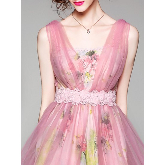 Elegant Floral Sleeveless Chiffon Patchwork Loose Dress