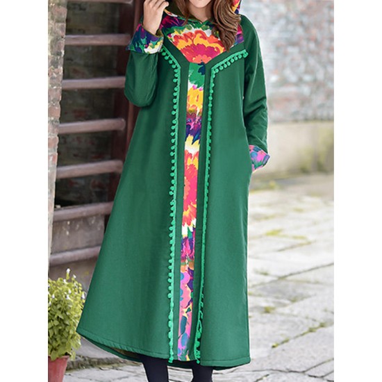 Folk Style Print Patchwork Fleece Hooded Vintage Dress