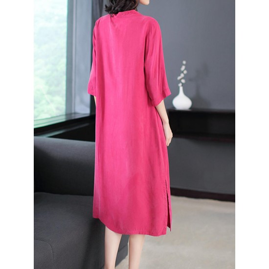 Retro Women Solid Color 3/4 Sleeve Cheongsam Dress