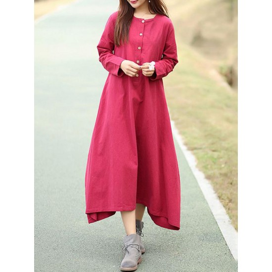 Retro Women Vintage Cotton Linen Long Sleeve Dress