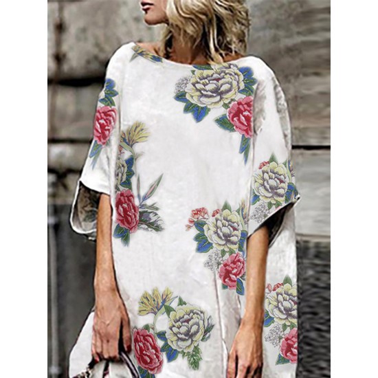 S-5XL Women Loose Floral Print Half Sleeve Irregular Hem Dress