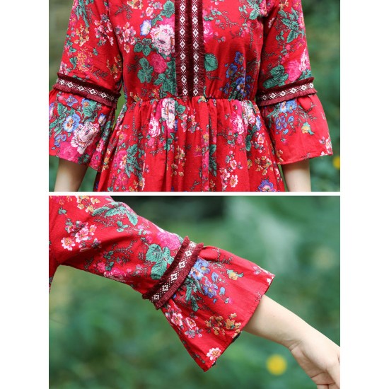 Vintage Floral Print Bell Sleeve Loose Mid-long Dress