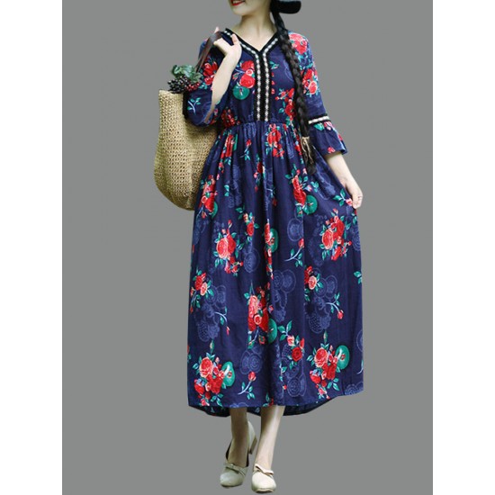 Vintage Floral Print Bell Sleeve Loose Mid-long Dress