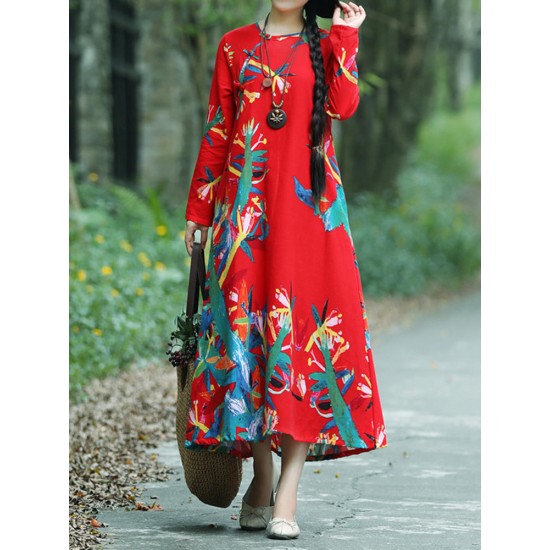 Vintage Women Cotton Linen Print Folk Style Long Sleeve O-Neck Dress