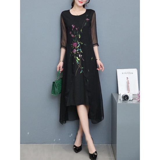 Vintage Women Floral Embroidery Fake Two Pieces Mid-long Dress