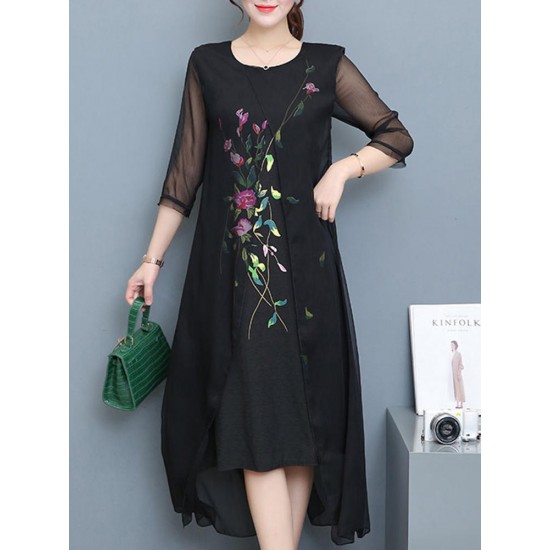 Vintage Women Floral Embroidery Fake Two Pieces Mid-long Dress