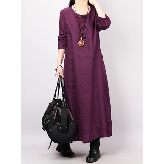 Vintage Women Loose  Solid Color Long Sleeve Dress