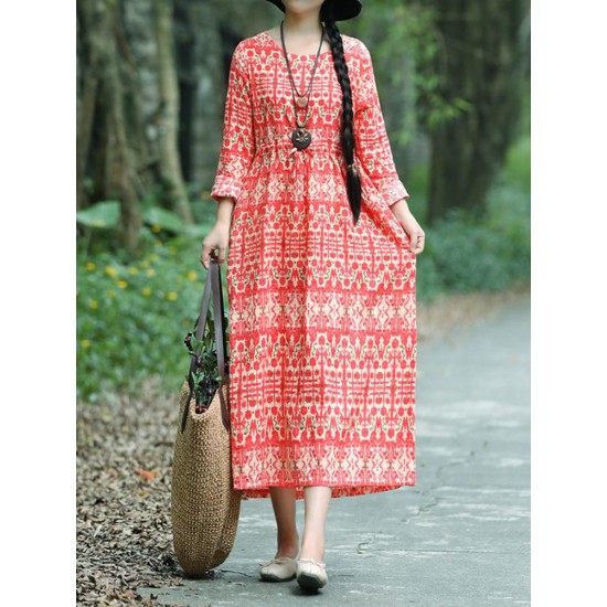 Vintage Women Loose Cotton Linen Floral Print Dress