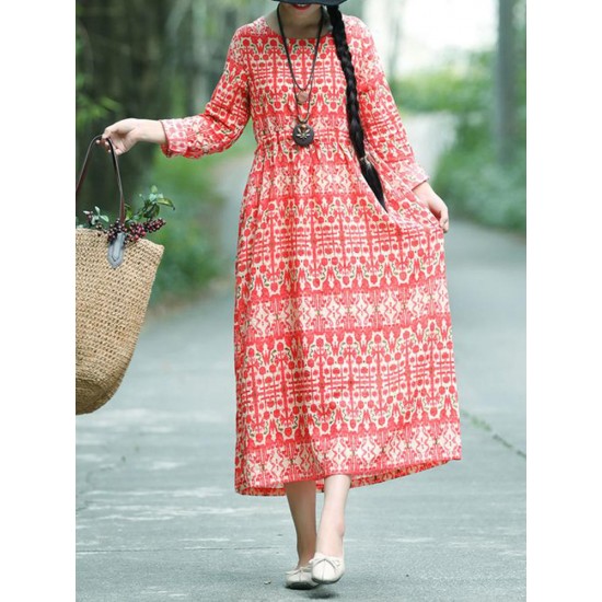 Vintage Women Loose Cotton Linen Floral Print Dress