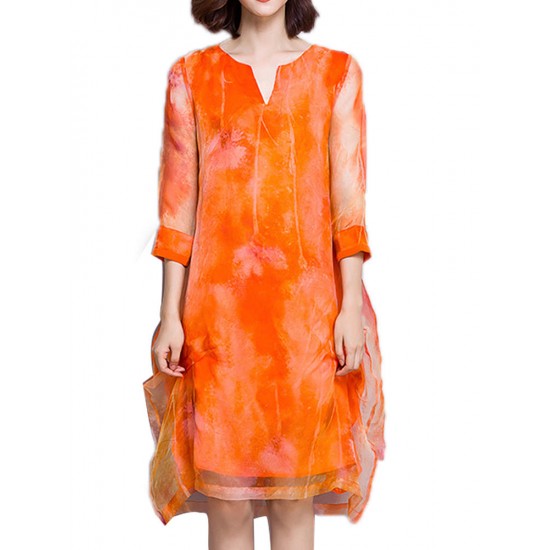 Elegant Women Flowers Printed 3/4 Sleeve Silk Dresses