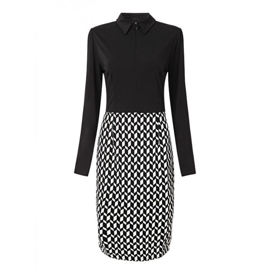 Elegant Women Lapel Front Zipper Checked Patchwork Pencil Dress