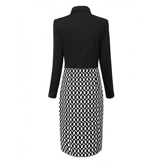 Elegant Women Lapel Front Zipper Checked Patchwork Pencil Dress