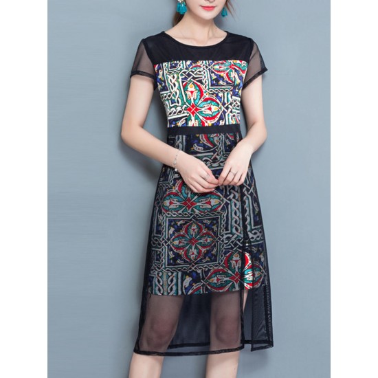 Elegant Women Pattern Printed Mesh Stitching Short Sleeve Work Dress