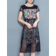 Elegant Women Pattern Printed Mesh Stitching Short Sleeve Work Dress