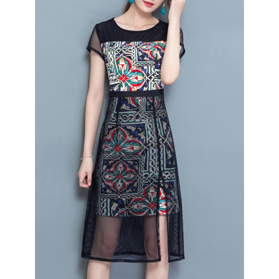 Elegant Women Pattern Printed Mesh Stitching Short Sleeve Work Dress