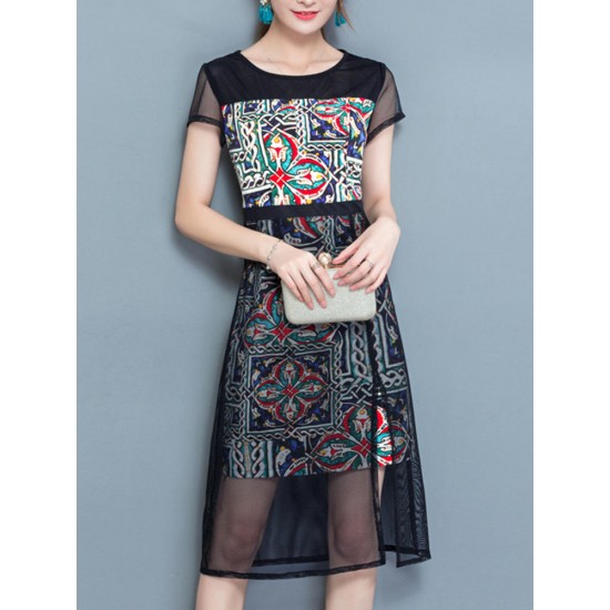 Elegant Women Pattern Printed Mesh Stitching Short Sleeve Work Dress