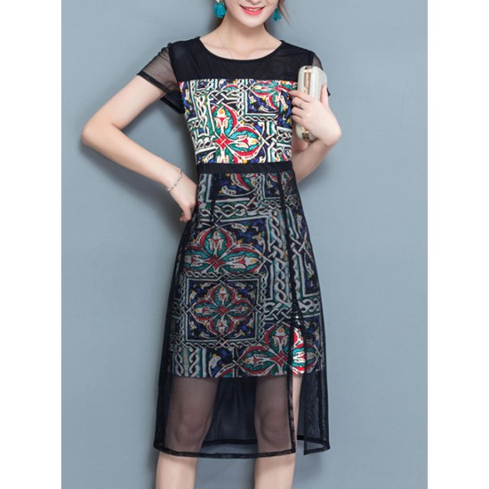 Elegant Women Pattern Printed Mesh Stitching Short Sleeve Work Dress