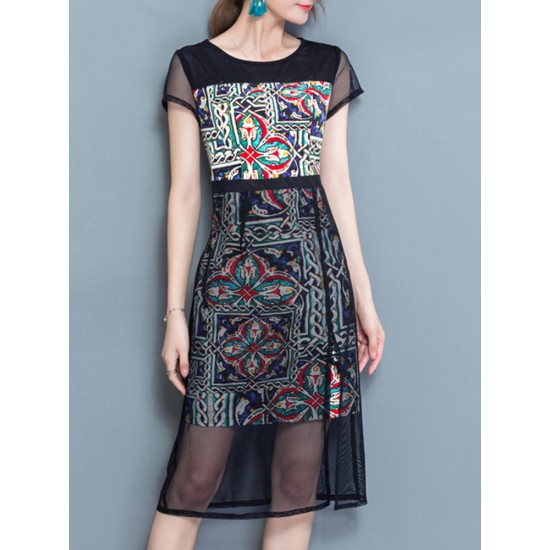 Elegant Women Pattern Printed Mesh Stitching Short Sleeve Work Dress