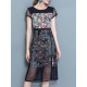 Elegant Women Pattern Printed Mesh Stitching Short Sleeve Work Dress