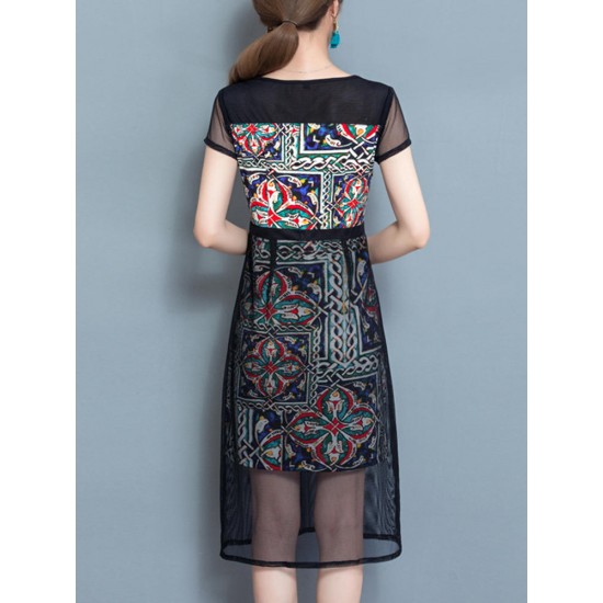 Elegant Women Pattern Printed Mesh Stitching Short Sleeve Work Dress
