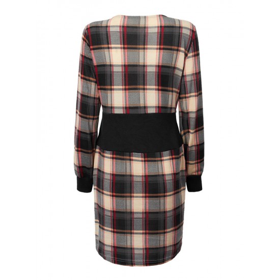 Elegant Women Plaid Patchwork Work Party Elastic Waist Bodycon Dress