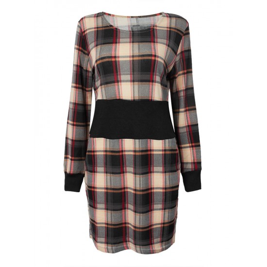 Elegant Women Plaid Patchwork Work Party Elastic Waist Bodycon Dress