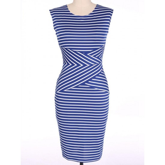 Elegant Women Sleeveless Striped O-Neck Slim Pencil Dresses