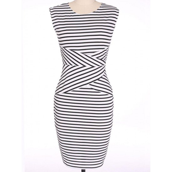 Elegant Women Sleeveless Striped O-Neck Slim Pencil Dresses