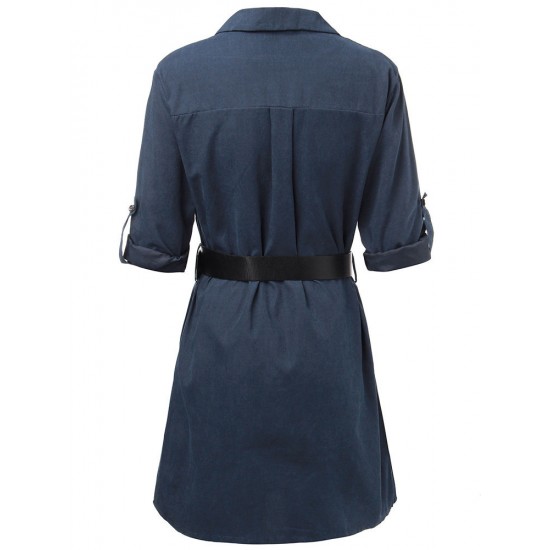 Elegant Work Pocket Lapel Shirt Dress For Women With Belt