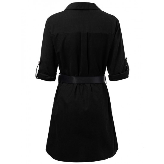 Elegant Work Pocket Lapel Shirt Dress For Women With Belt