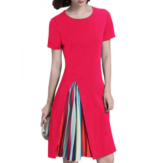 Striped Print Patchwork O-Neck Short Sleeve Knee-Length Dress For Women