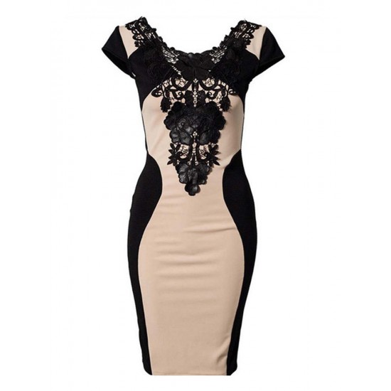 Women Lace Embroidery Short Sleeve Knee Length Office Party Dress