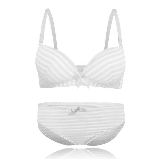 Cute Stripe Cotton Gather Adjustable Thin Wireless Trendy Bra Set