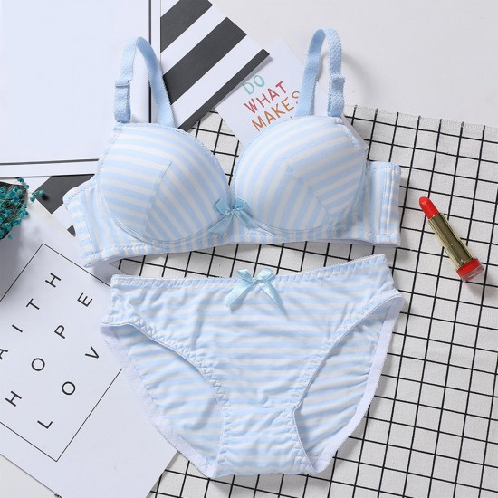 Cute Stripe Cotton Gather Adjustable Thin Wireless Trendy Bra Set