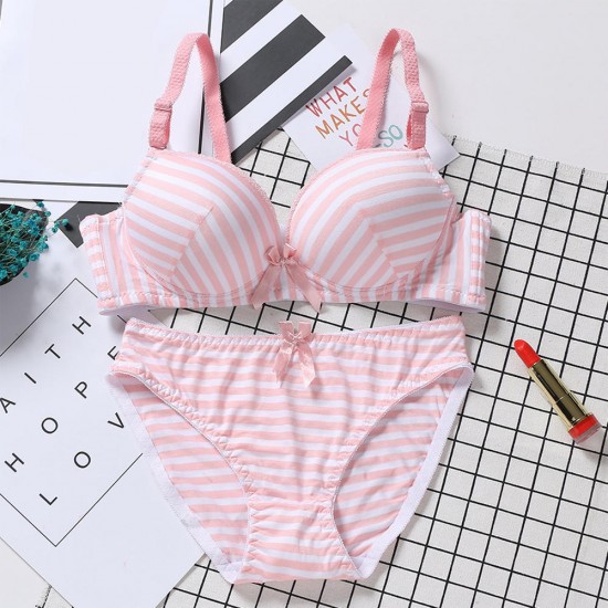 Cute Stripe Cotton Gather Adjustable Thin Wireless Trendy Bra Set